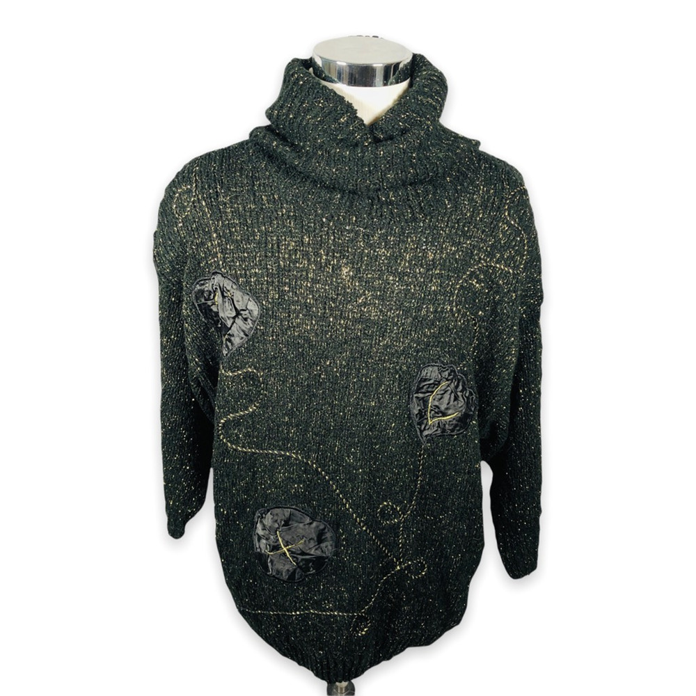 Vintage‎ Focal Point Sweater Womens OS Turtleneck Applique Black Metallic Gold